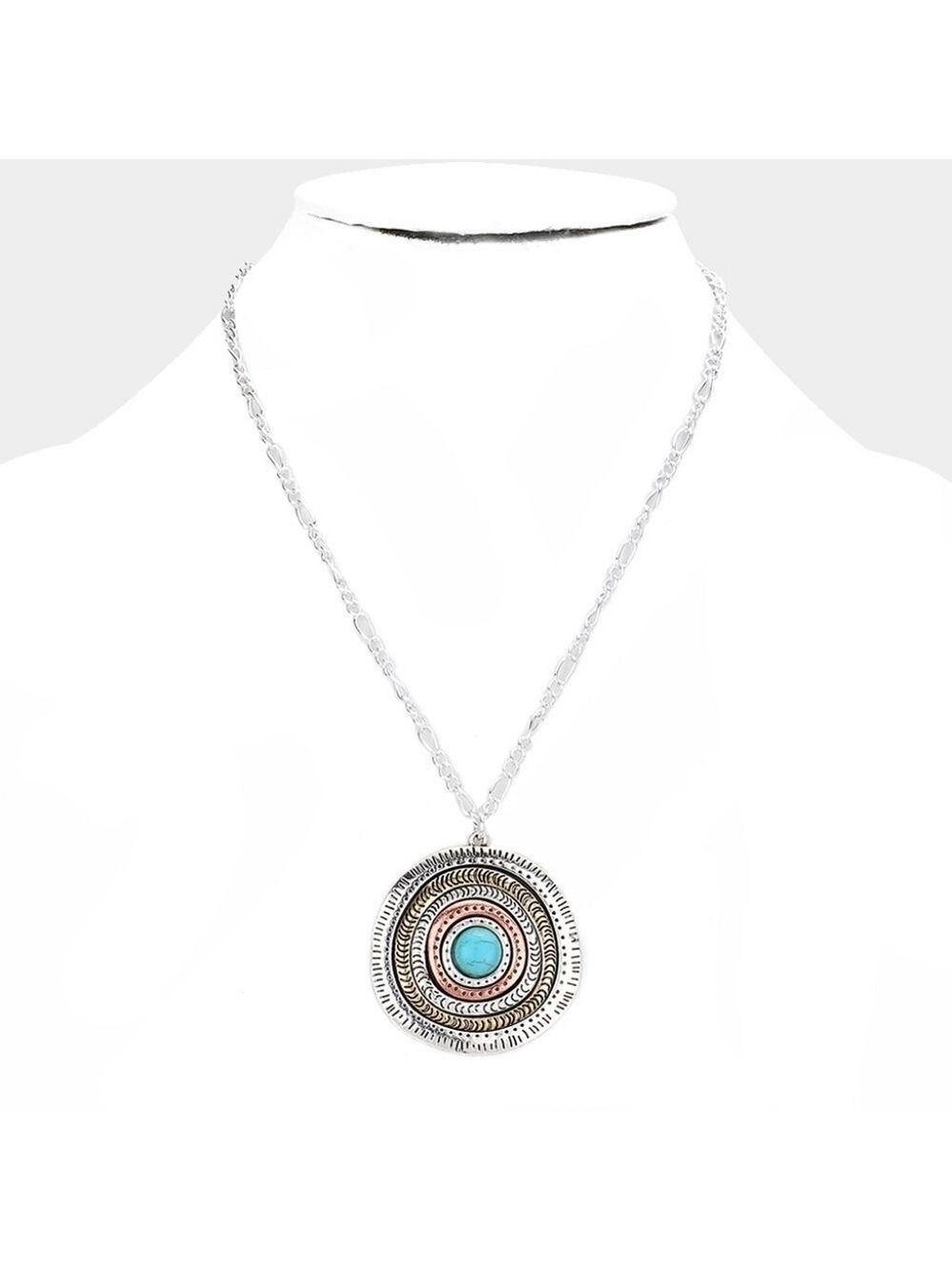 NEW Mix Metal Turquoise Centered Irregular Round Pendant Necklace